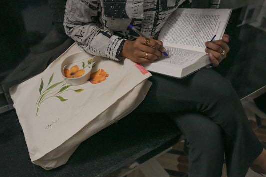 Yellow Hand Painted & Printed Cotton Canvas Tote Eco Bag, Inner Zip pocket - Bottom Top