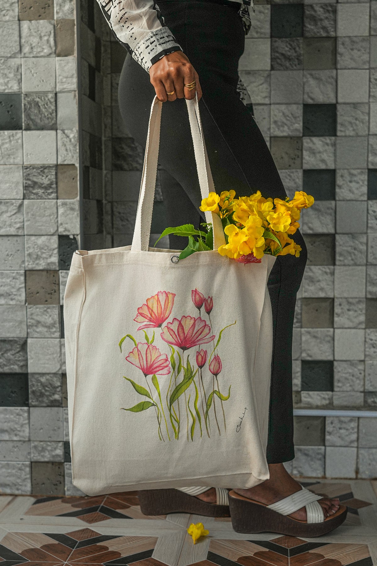 Pink Hand Painted & Printed Cotton Canvas Tote Eco Bag, Inner Zip pocket - Bottom Top