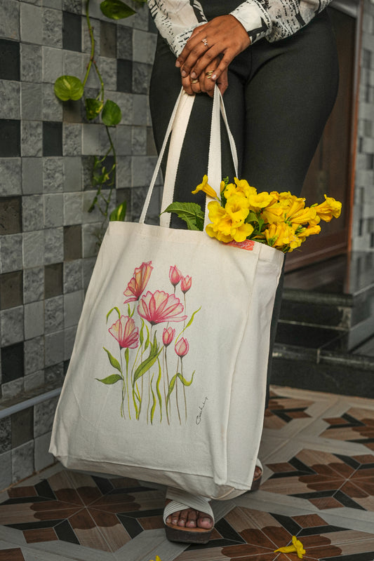 Pink Hand Painted & Printed Cotton Canvas Tote Eco Bag, Inner Zip pocket - Bottom Top