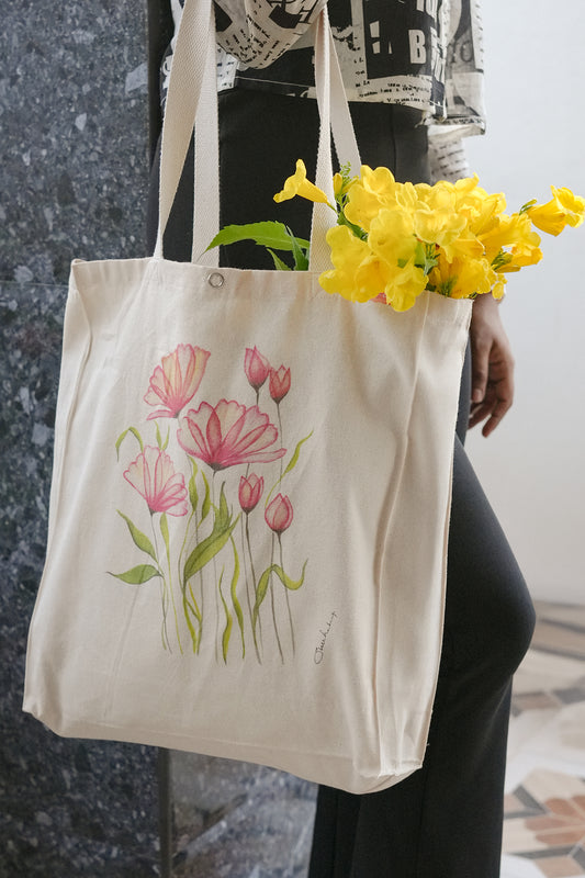 Hand Painted & Printed Cotton Canvas Tote Eco Bag, Inner Zip pocket - Bottom Top (Pink/Yellow/Purple)