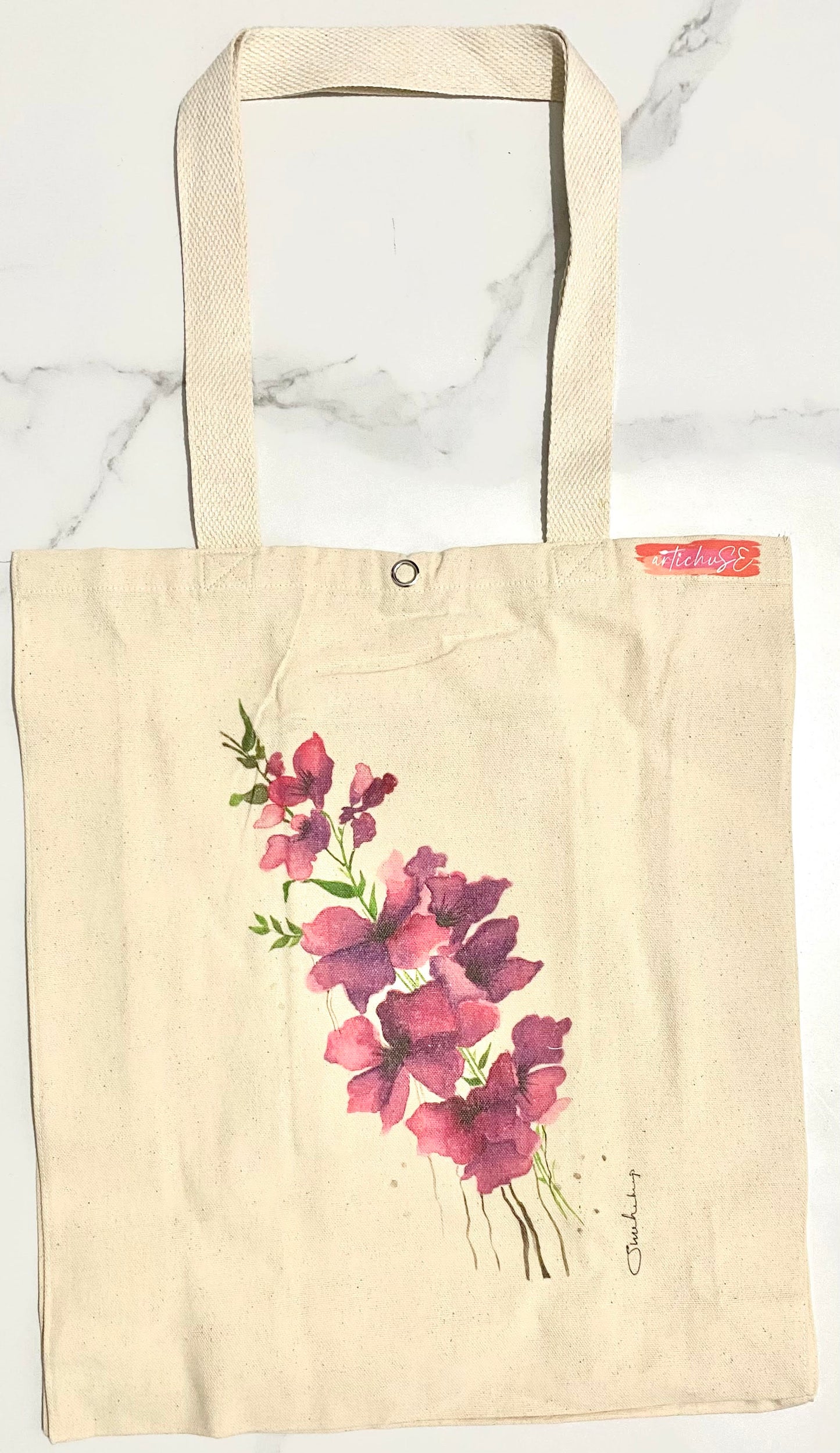 Hand Painted & Printed Cotton Canvas Tote Eco Bag, Inner Zip pocket - Bottom Top (Pink/Yellow/Purple)